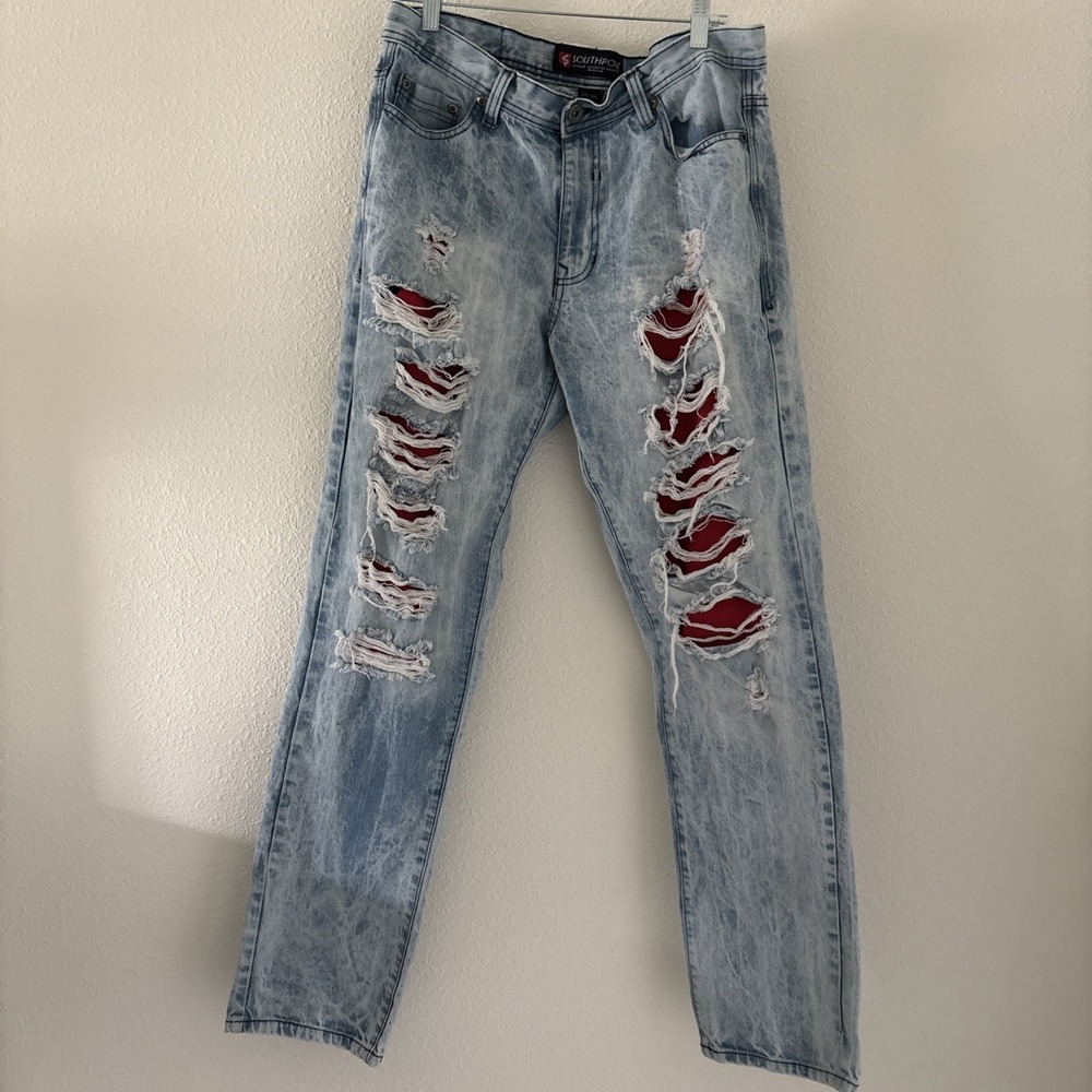 Southpole Mens Straight Distressed Light Wash Jeans Red Underlay 34 X 34 Grunge